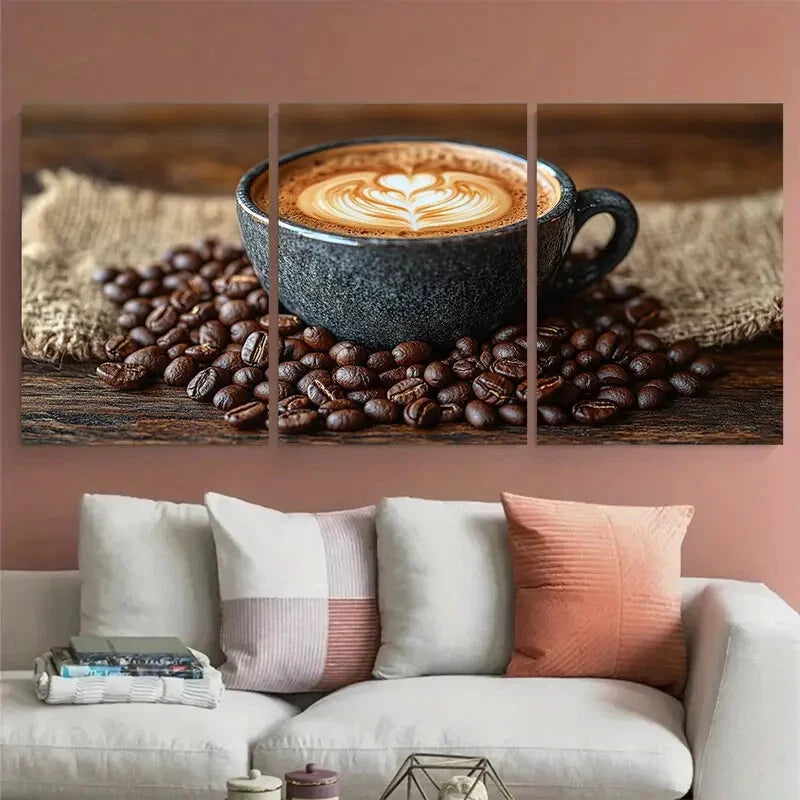 3pcs Coffee Cup with Latte on Coffee Sack Beans Metal Print Ready to Hang Art