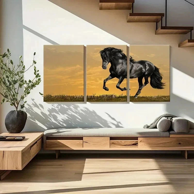3pcs Elegant Black Horse with Golden Sky Wall Art Set Canvas Framed 40x60cm - High Quality Print 100% Australian Made Wall Canvas Ready to Hang
