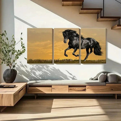 3pcs Elegant Black Horse with Golden Sky Wall Art Set Canvas Framed 40x60cm - High Quality Print 100% Australian Made Wall Canvas Ready to Hang