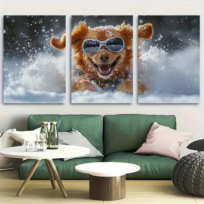 3pcs Powder Peak Ski Dog Portrait Design Metal Print Ready to Hang Art