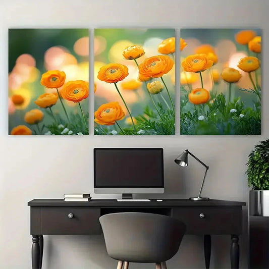 3pcs Vibrant Floral Orange Blooms Spring Summer Metal Print Ready to Hang Art