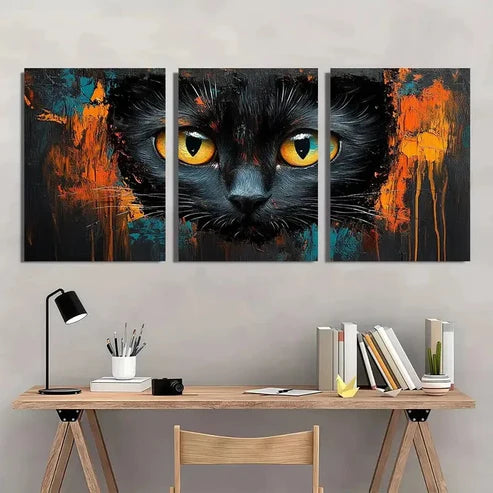 3pcs Dynamic Abstract Vibrant Black Cat Wall Art Set Canvas Unframed - High Quality Print 100% Australian Made Wall Canvas