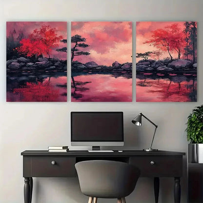3pcs Traditional Japanese Garden Magenta Scene Metal Print Ready to Hang Art