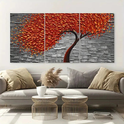 3pcs Abstract Tree Orange & Red Leaf Design Metal Print Ready to Hang Art