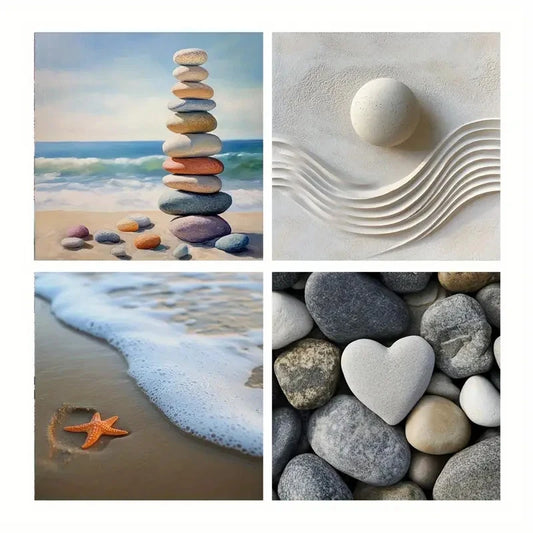 4pcs Starfish & Heart Stone Prints Wall Art Canvas Framed