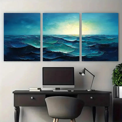 3pcs Vibrant Blue Green Textured Abstract Metal Print Ready to Hang Art