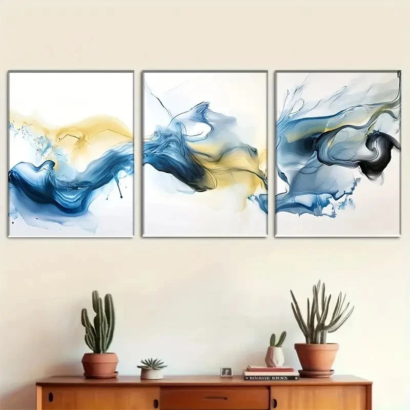 3pcs Abstract Blue and Golden Modern Minimalist Metal Print Ready to Hang Art