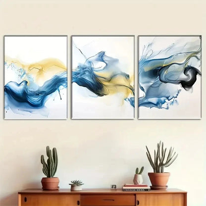 3pcs Abstract Blue and Golden Modern Minimalist Metal Print Ready to Hang Art