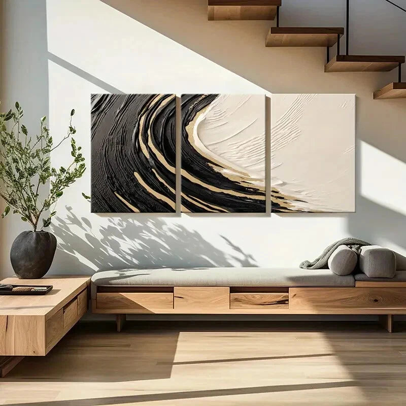 3pcs Abstract Art Black White Golden Swirl Design Metal Print Ready to Hang Art