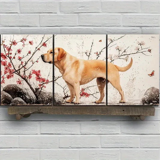 3pcs Dog & Cherry Blossom Modern Metal Print Ready to Hang Art