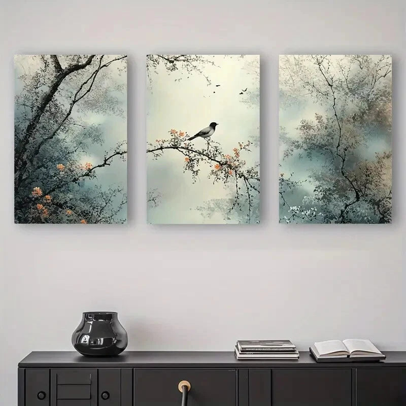 3pcs Modern Bird and Branch Abstract Metal Print Ready to Hang Art
