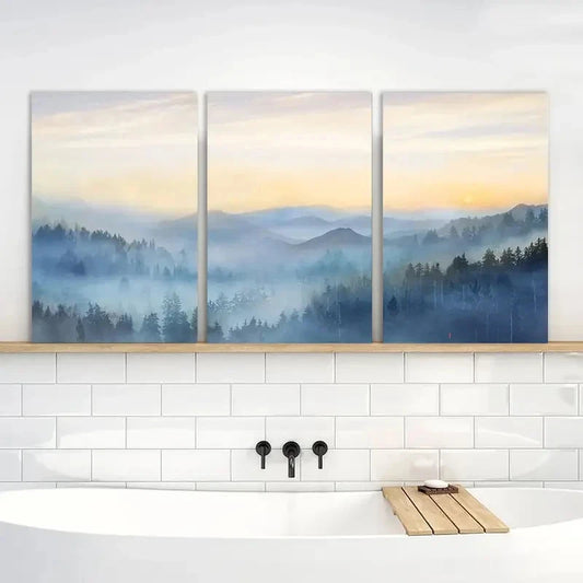 3pcs Sunrise Misty Forest Print Paintings Metal Print Ready to Hang Art