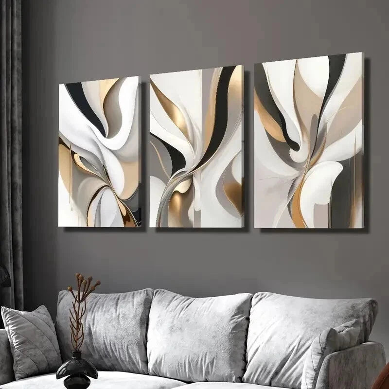 3pcs Gold and White Luxury Line Painting Wall Art Set Canvas Framed 40x60cm - High Quality Print 100% Australian Made Wall Canvas Ready to Hang