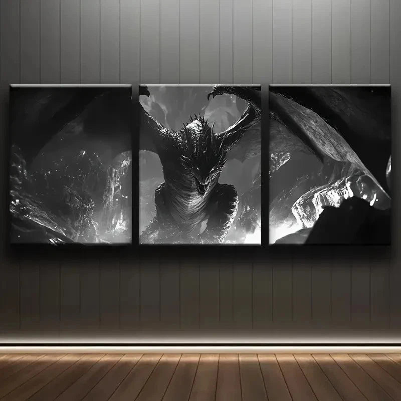 3pcs Black Dragon Wings Painting Metal Print Ready to Hang Art
