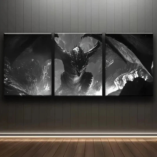 3pcs Black Dragon Wings Painting Metal Print Ready to Hang Art