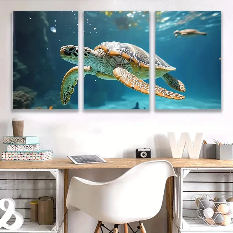 3pcs Vibrant Sea Turtle Swimming Ocean Wall Art Set Canvas Framed 60x90cm - High Quality Print 100% Australian Made Wall Canvas Ready to Hang