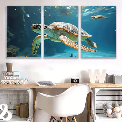 3pcs Vibrant Sea Turtle Swimming Ocean Wall Art Set Canvas Framed 60x90cm - High Quality Print 100% Australian Made Wall Canvas Ready to Hang