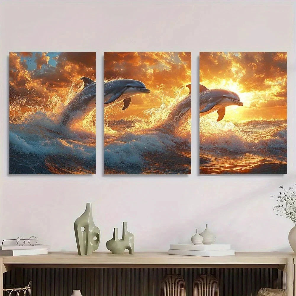 3pcs Ocean Scene with Leaping Dolphins Metal Print Ready to Hang Art