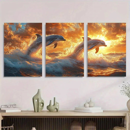 3pcs Ocean Scene with Leaping Dolphins Metal Print Ready to Hang Art