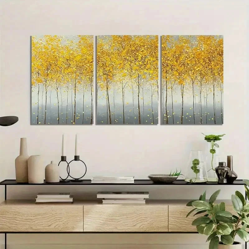 3pcs Painting of Yellow Leaves on Trees Metal Print Ready to Hang Art