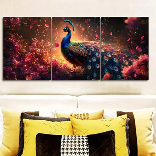 3pcs A colorful PeaRooster Bird Themed Metal Print Ready to Hang Art