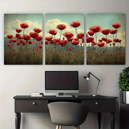 3pcs Poppy Meadow Field In Spring Design Metal Print Ready to Hang Art