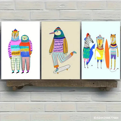 3Pcs Leopard And Sloth Surfer Drawing Beach Surfing Metal Print Ready to Hang