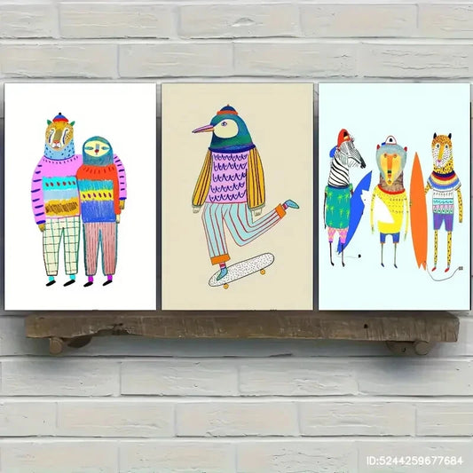 3Pcs Leopard And Sloth Surfer Drawing Beach Surfing Metal Print Ready to Hang