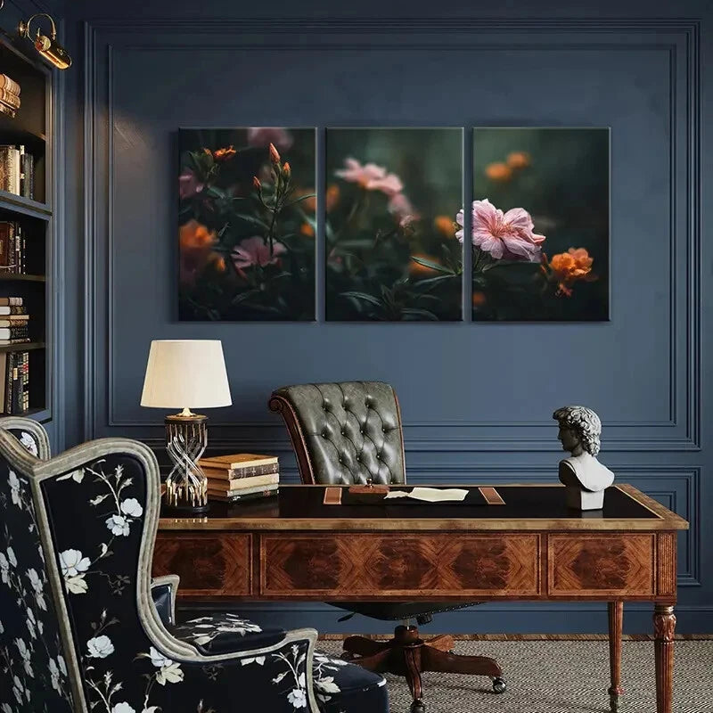 3pcs Soft Pink Flowers Green Leaves Nature Metal Print Ready to Hang Art