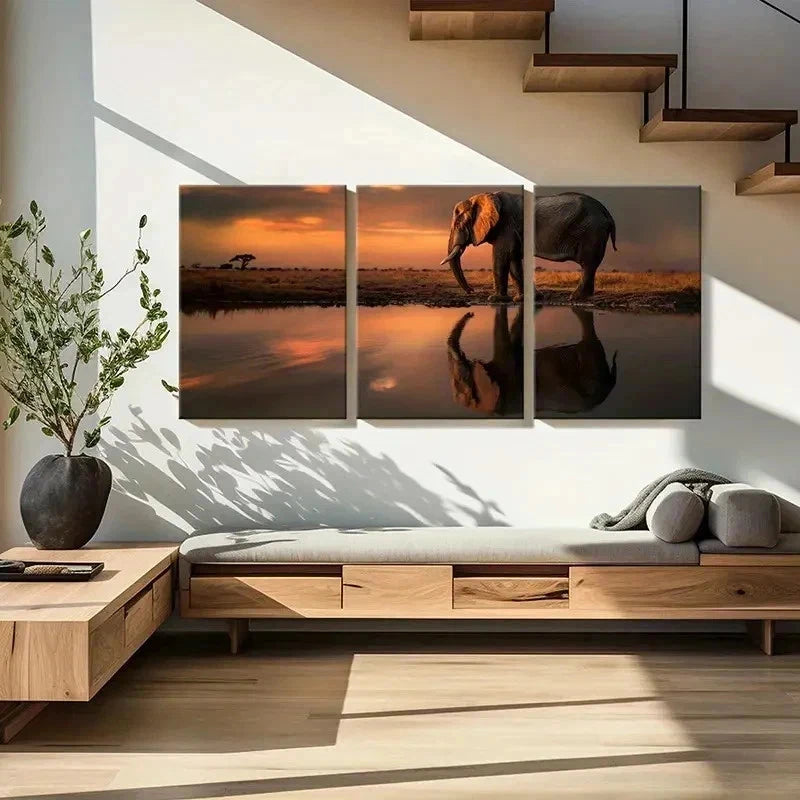 3pcs African Elephant at the Sunset Wall Art Set Canvas Framed 40x60cm - High Quality Print 100% Australian Made Wall Canvas Ready to Hang