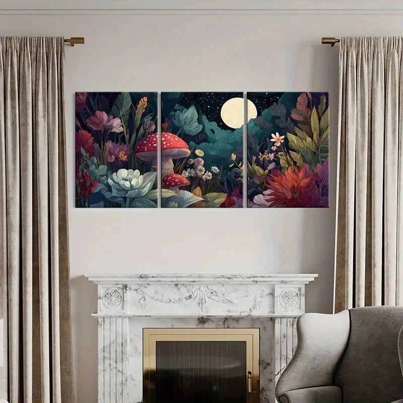 3pcs Moonlit Forest Mushrooms Flowers Night Metal Print Ready to Hang Art