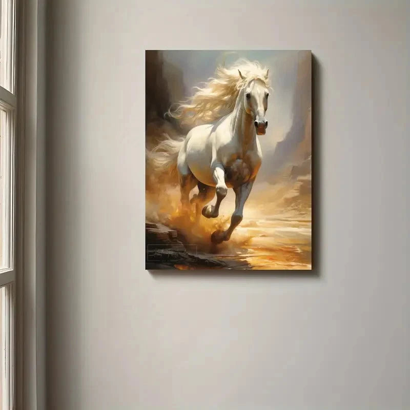 Beautiful White Horse With Long Mane Galloping 40x60cm Metal Print Ready to Hang