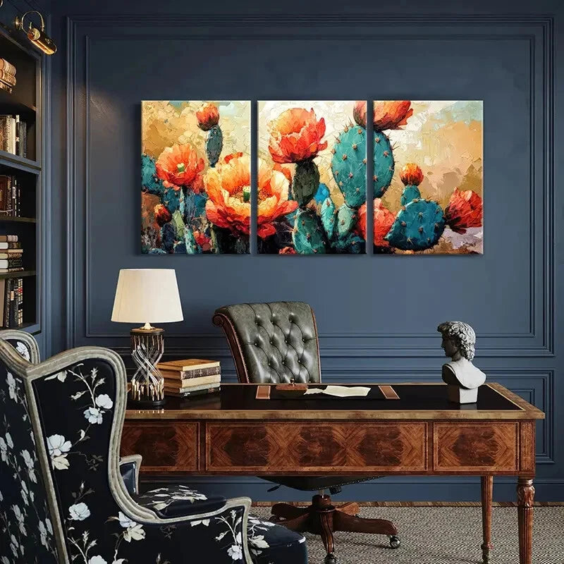 3pcs Cactus Bloom Abstract Floral Design Metal Print Ready to Hang Art