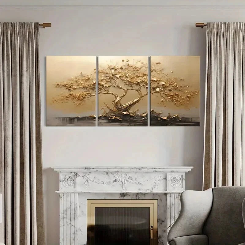 3pcs Golden Tree Abstract Art Nature Scene Metal Print Ready to Hang Art