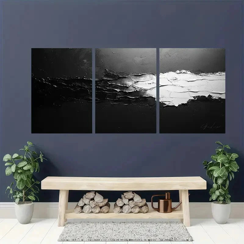 3pcs lack and White Abstract Texture Contemporary Metal Print Ready to Hang Art