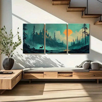 3pcs Mystical Castle Landscape Deer Silhouette Metal Print Ready to Hang Art