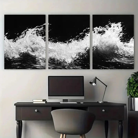 3pcs Black and White Ocean Beach Abstract Design Wall Art Set Canvas Framed 40x60cm - High Quality Print 100% Australian Made Wall Canvas Ready to Hang