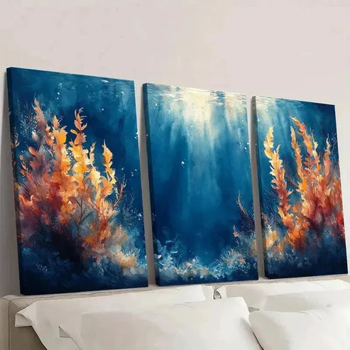 3pcs Vibrant Blue & Orange Sea Vegetation S Wall Art Set Canvas Unframed - High Quality Print 100% Australian Made Wall Canvas - Bella Home Decor