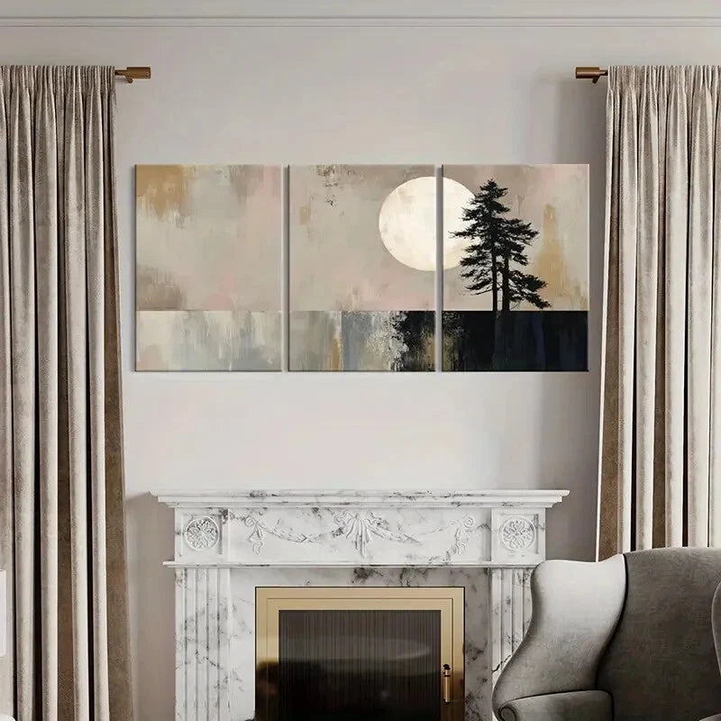 3pcs Moonlit Night Silhouette Trees Abstract Lands Metal Print Ready to Hang Art