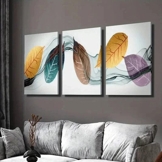 3pcs Fashionable Gold Blue Purple Leaves Wall Art Set Canvas Framed 40x60cm - High Quality Print 100% Australian Made Wall Canvas Ready to Hang