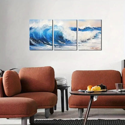 3pcs Dynamic Sea Waves in Blue & White Beach Metal Print Ready to Hang Art