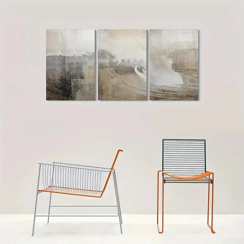 3pcs Neutral Toned Textured Ocean Metal Print Ready to Hang Art