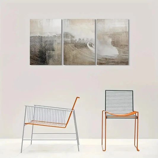 3pcs Neutral Toned Textured Ocean Metal Print Ready to Hang Art