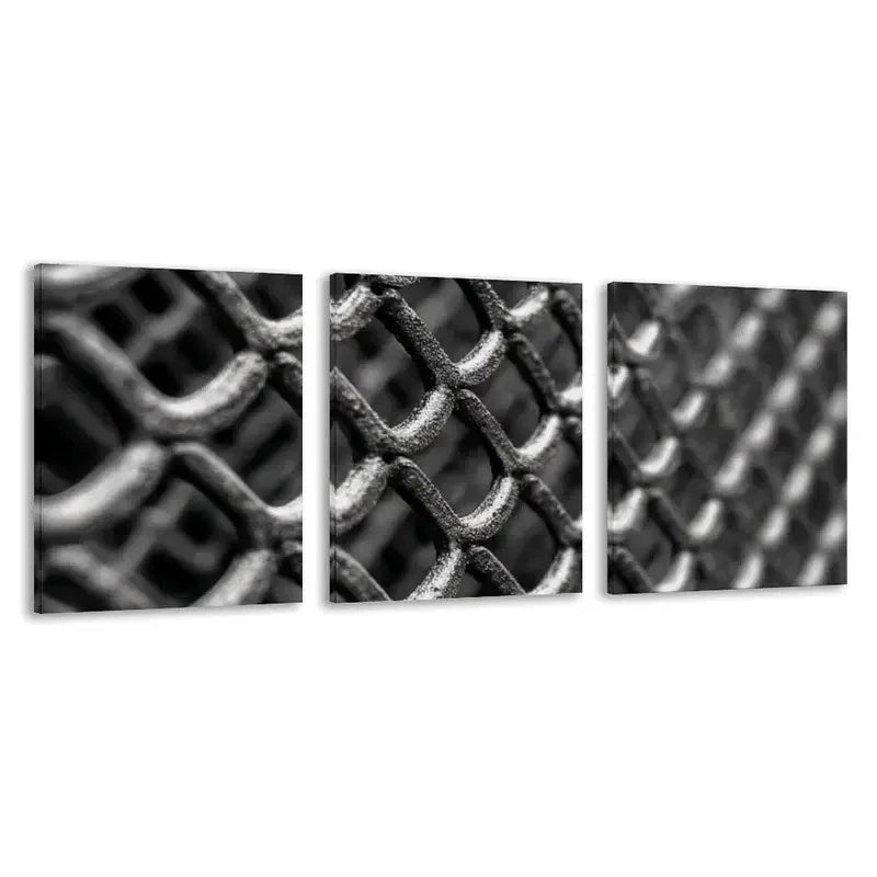 3pcs Black & White photograph of a steel mesh  Wall Art Set Canvas Framed 60x90cm - High Quality Print 100% Australian Made Wall Canvas Ready to Hang