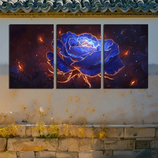3pcs Vibrant Mystical Blue Rose Illustration Metal Print Ready to Hang Art