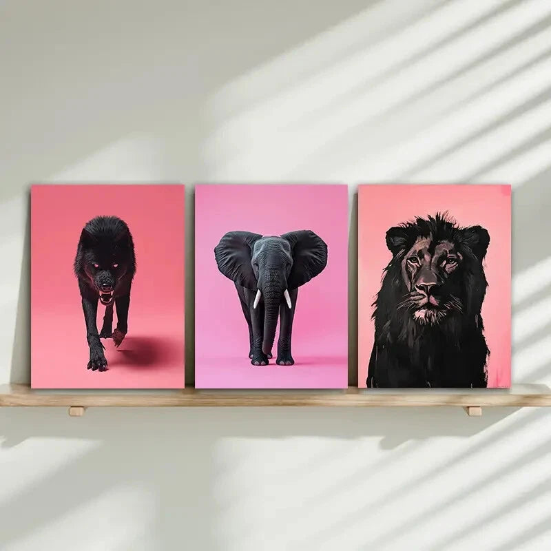 3pcs Elegant Pink Animals Design Metal Print Ready to Hang Art