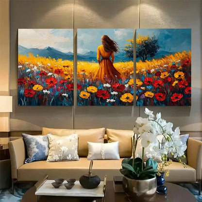 3pcs Vibrant Rustic Wildflower Woman Standing Metal Print Ready to Hang Art