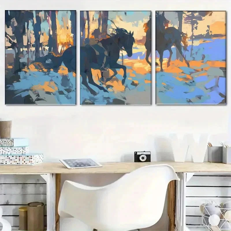 3pcs Abstract Running Horses in Forest Landscape Metal Print Ready to Hang Art