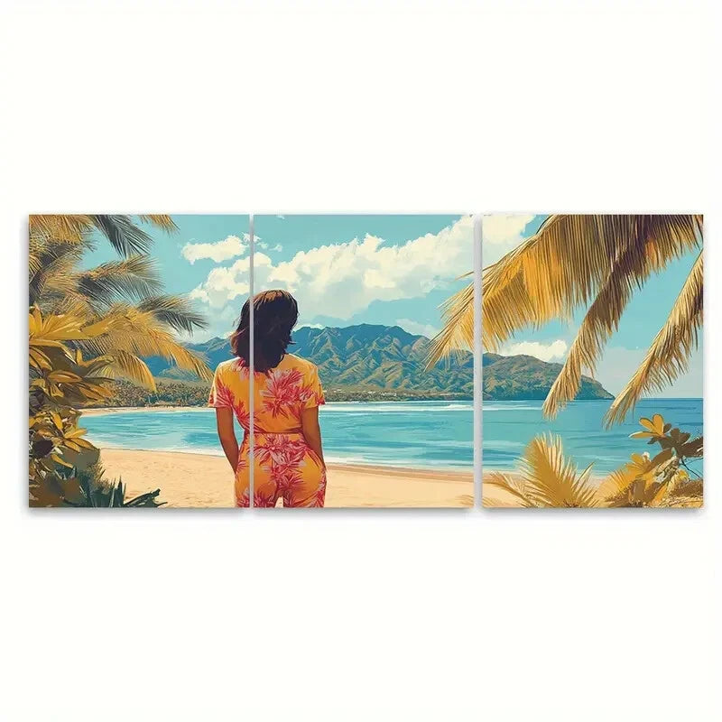 3pcs Hawaii Beach Poster - Tropical Palm Tree Metal Print Ready to Hang Art