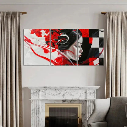 3pcs Abstract Art Red Flowers Geometric Patterns Metal Print Ready to Hang Art